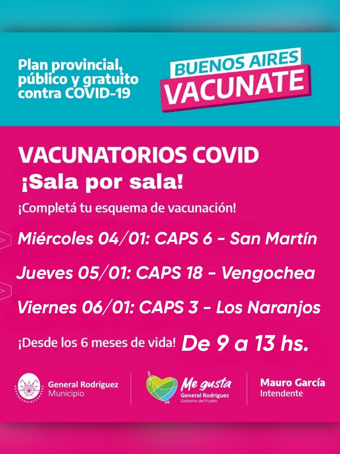 El cronograma de vacunación para esta semana en Gral. Rodríguez